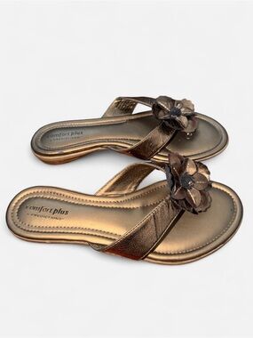 Metallic Bronze Floral Thong Wedge Sandals